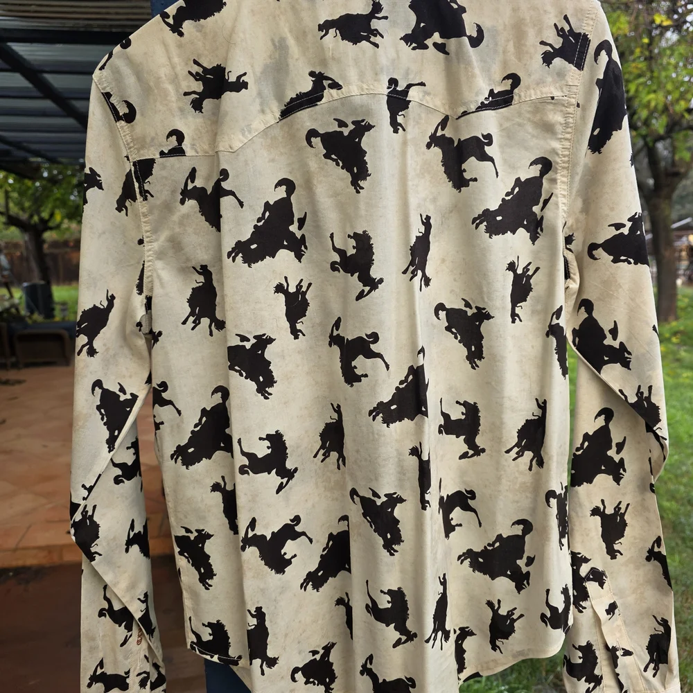 Cruel Denim Black and Cream Western Blouse, Brown Snap Buttons - Picture 5 of 6